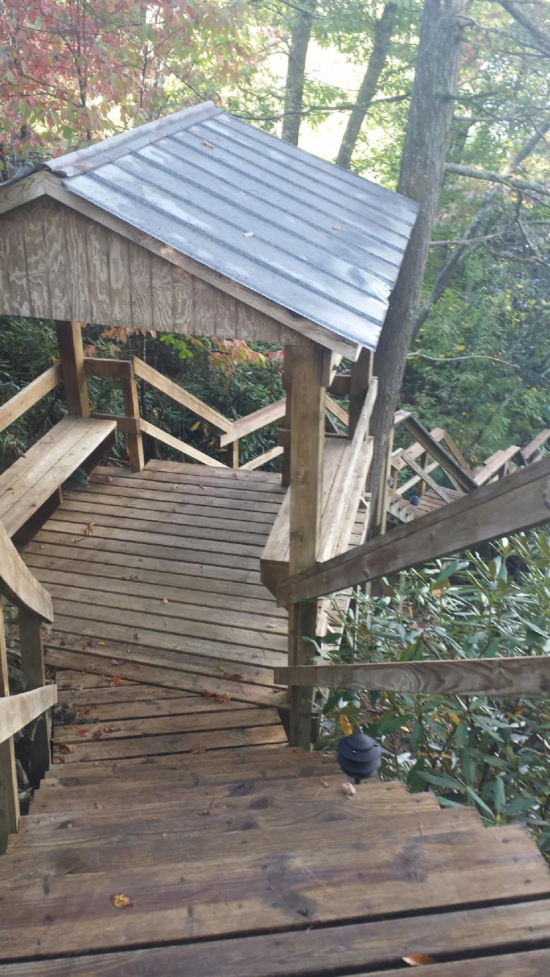 Metal roofed shelter over wooden steps on a wooded walkway — Skylight Repair & Installation work by our crew in Crested Butte